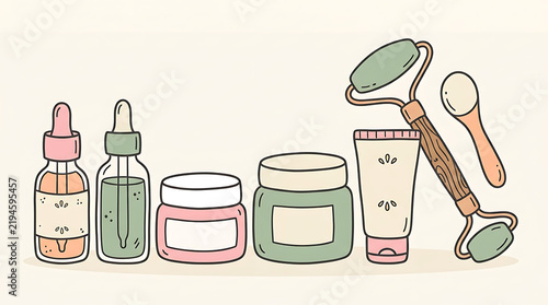 Hand drawn skincare collection with serum bottles and facial jade roller