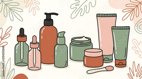 Collection of skincare cosmetic packaging containers with botanical elements