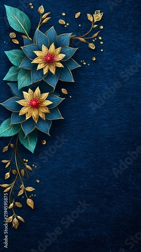 Elegant Floral Design on Deep Blue Background with Gold Accents and Red Centers