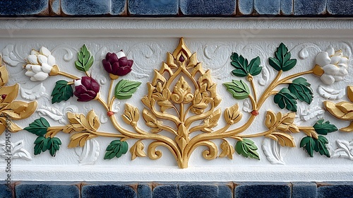Ornate Floral Carving on White Wall with Gold and Burgundy Accents, Detailed Texture