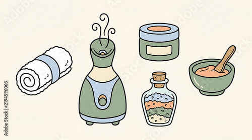 Hand drawn spa and beauty treatment collection with facial steamer and cream