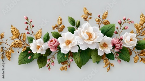 Elegant Floral Arrangement with White and Pink Flowers, Golden Leaves on Light Background