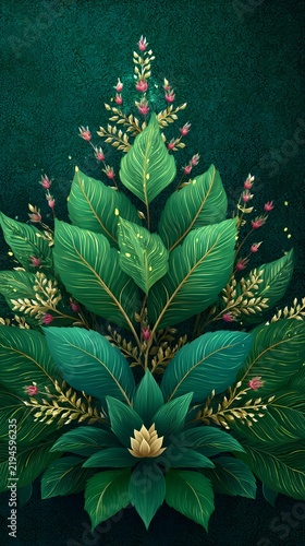 Lush Tropical Foliage with Green Leaves, Golden Accents, and Delicate Pink Flowers