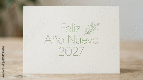 Minimalist card with silver engraved feliz ano nuevo 2027 and floral detail