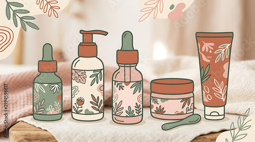 Set of organic skincare cosmetic bottles with floral patterns on a cloth