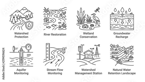 Environmental Concepts: A collection of vector line art icons illustrating key environmental concepts such as watershed protection, river restoration, wetland conservation, groundwater recharge.