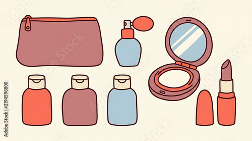 Collection of cosmetic travel essentials including makeup bag and beauty products