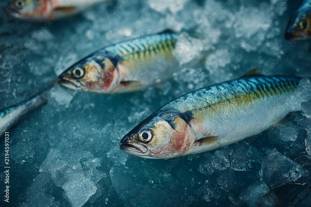 Fototapeta premium Fresh fish on ice for sale at market. Seafood, food, and freshness concept.
