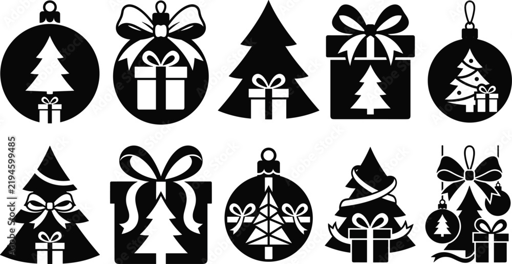 Fototapeta premium Christmas gift and tree silhouette collection featuring pine trees, wrapped presents, decorative bows, ornaments, and festive holiday designs