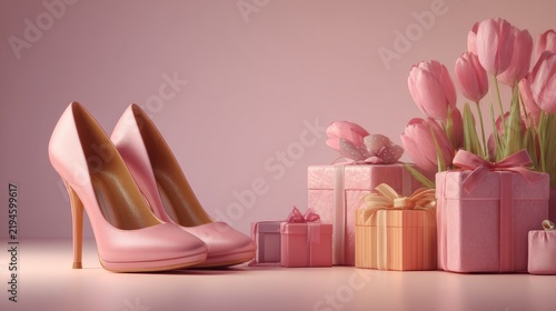 Pink high heels shoes with gift boxes and tulip flowers on pastel background. Elegant fashion, beauty, love, romantic holiday gift concept.