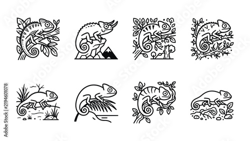 Chameleon Icon Set: A collection of stylized black and white line art illustrations depicting chameleons in various poses and natural settings, perfect for graphic design and creative projects.