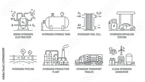 Hydrogen Energy Solutions: A collection of line art icons illustrating various stages of the hydrogen energy cycle, from production and storage to refueling and generation.