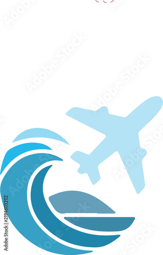 air travel and tourism logo with airplane and ocean wave, modern travel agency symbol