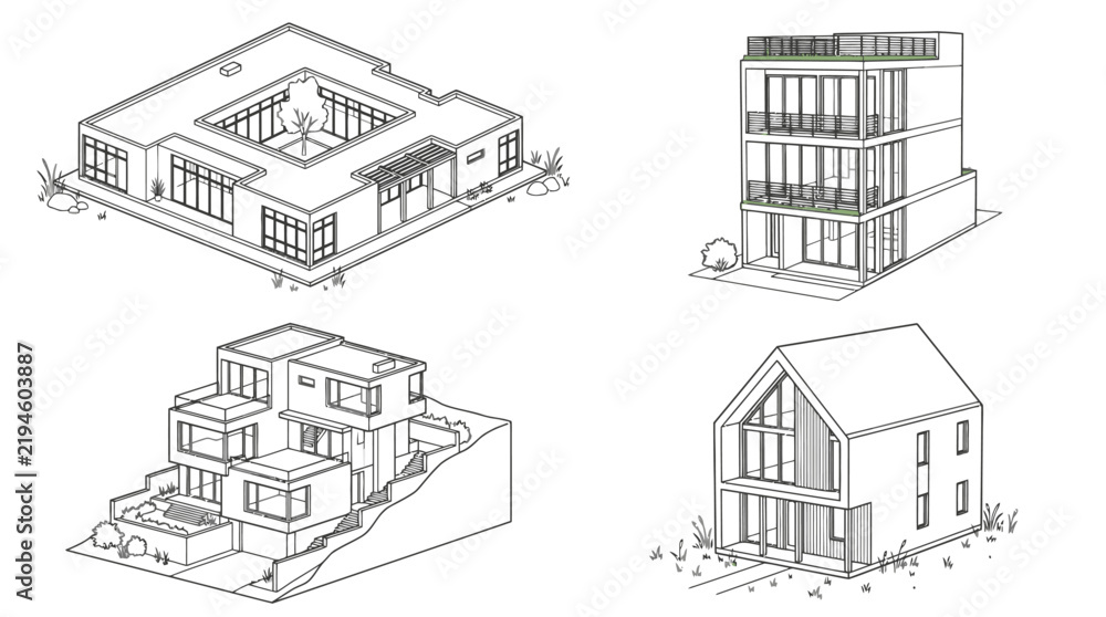 Obraz premium Minimalist Architectural Sketches of Modern Contemporary Homes in Black and White Line Art Style