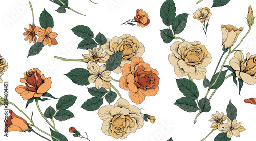 Seamless toile flower pattern in vector. Hand draw vintage floral pattern