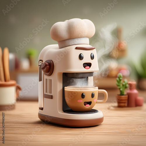 Coffee machine chef hat steaming coffee creates cheerful kitchen moment