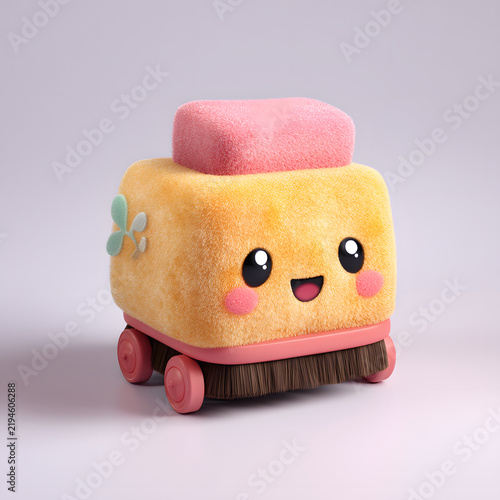 Yellow plush cleaning brush toy with pink wheel, smiling face, and pastel background