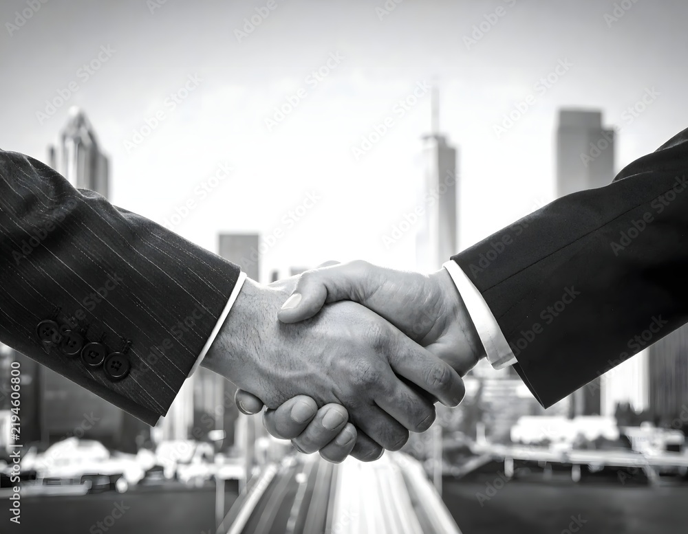 © saku - Two businessmen shaking hands in front of a modern city skyline, signifying a successful agreement and partnership.
