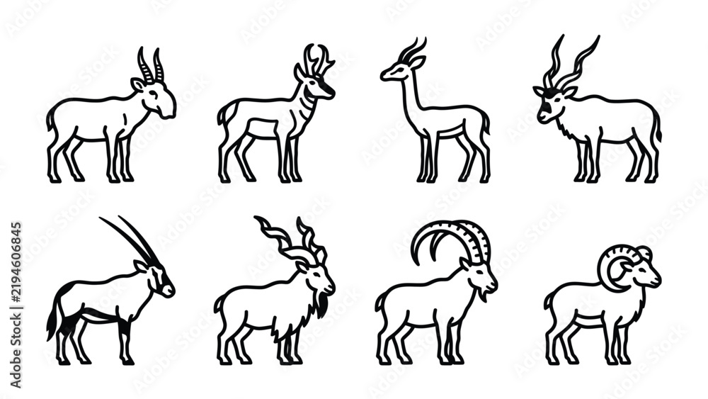 Fototapeta premium Collection of Diverse Antelope and Goat Illustrations: A graphic collection featuring eight distinct line-art illustrations of various antelope and goat species.