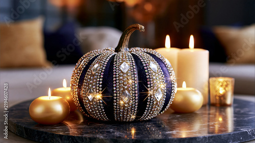 Bedazzled pumpkin decorated with sparkling rhinestones surrounded by glowing golden candles in an elegant dark interior