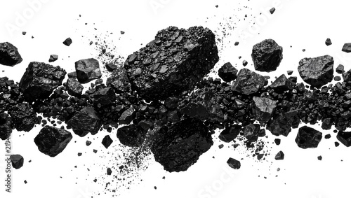 Fotografie Heap of rough black coal chunks and dust, isolated on transparent background
