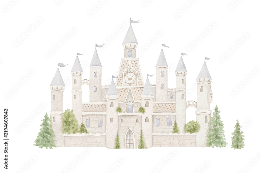 Obraz premium Watercolor cute castle with trees and bushes. Handmade isolated template kingdom for your delicate design wallpapers, background, mural for kids room or cartoon illustrations, posters, covers. 
