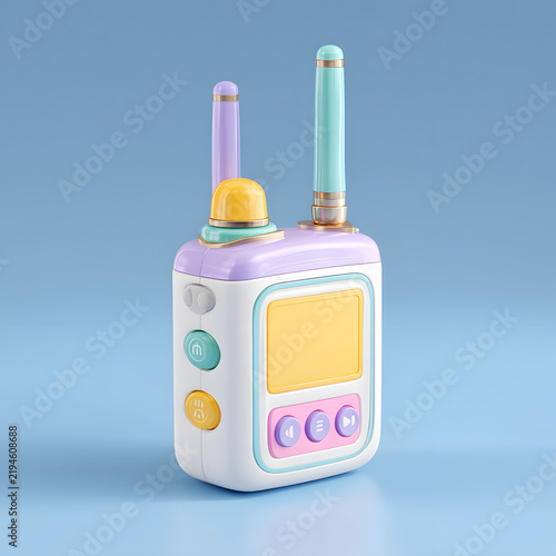 Pastel electronic device with colorful control panel and antenna against blue background