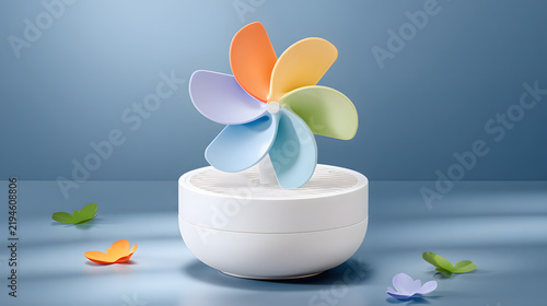 Tabletop fan colorful blade white appliance blue background creating calm modern scene
