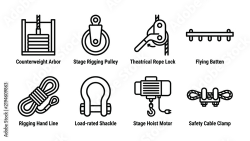 фотографія Stage Rigging Equipment Icons: A collection of eight black and white line art icons depicting various stage rigging equipment, including a counterweight arbor, pulley, rope lock, flying batten
