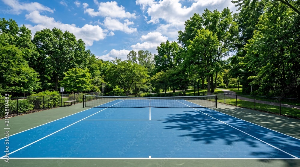 Fototapeta premium Blue hardcourt tennis court with sharp white lines and a black net standing empty amid lush green park trees under a brilliant sunny sky.