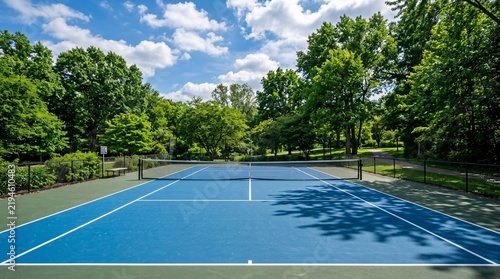 Blue hardcourt tennis court with sharp white lines and a black net standing empty amid lush green park trees under a brilliant sunny sky.