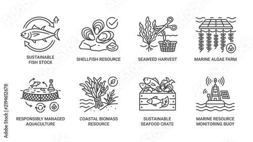 Ocean Conservation Icons: A collection of clean, minimalist line icons illustrating various aspects of sustainable marine resource management and aquaculture, promoting environmental awareness.