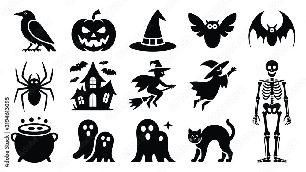Fototapeta premium Halloween-themed black and white icons set with spooky symbols and characters