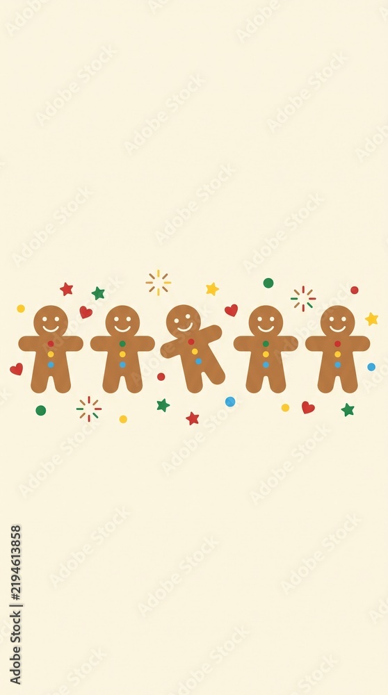 Fototapeta premium Five smiling gingerbread men cookies are arranged in a row with festive stars and hearts on a cream background to celebrate the holiday baking season.