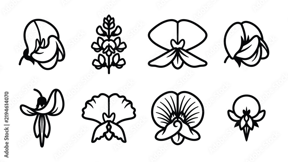 Obraz premium Flower Icon Set: A collection of eight simple line drawings representing various delicate flower designs, offering a touch of nature's beauty and elegance for graphic projects.