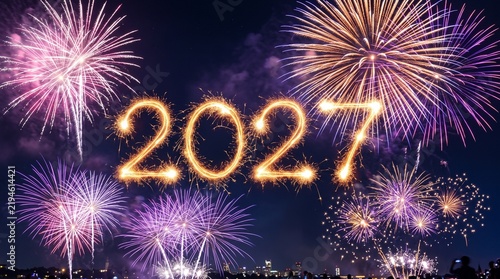 New Year 2027 Celebration Fireworks With Sparkler Number Background