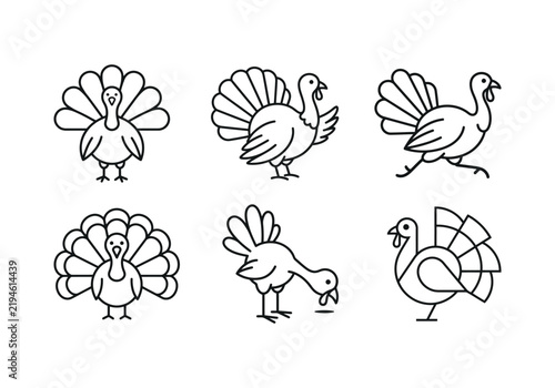 Minimalist turkey line art icons, set of 6 Thanksgiving bird vector illustrations, modern outline turkey characters for holiday branding and seasonal decor