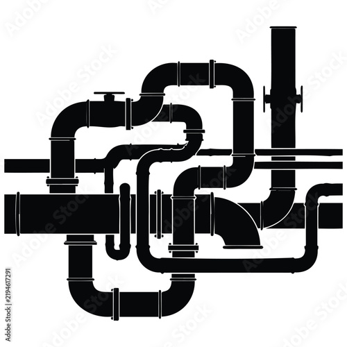 Complex industrial piping system silhouette vector illustration for plumbing layout design.