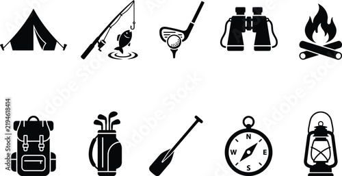 Camping and Outdoor Recreation Equipment Icons Set, Tent, Fishing Rod, Golf Club, Binoculars, Campfire, Backpack, Compass, Lantern, and Paddle Silhouettes Vector