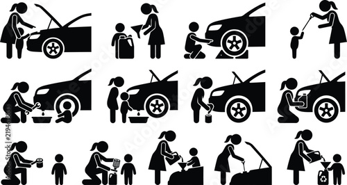 Mother and Child Car Maintenance Icons Set, Woman Mechanic, Oil Change, Engine Repair, Dipstick Check, Wheel Chock, and Automotive DIY Silhouettes Vector