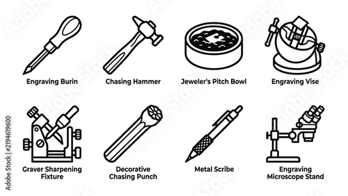 фотографія Engraving Tools: A collection of essential tools for engraving, including burin, chasing hammer, jeweler's pitch bowl, engraving vise, graver sharpening fixture, decorative chasing punch
