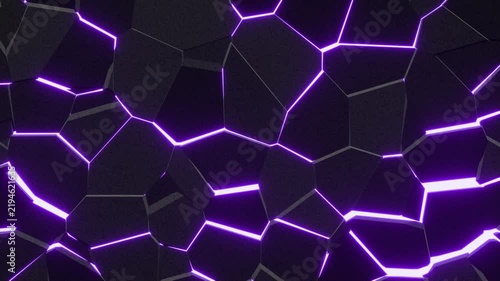 Abstract Geometric Cracked Wall with Glowing Purple Neon Lines. 4K