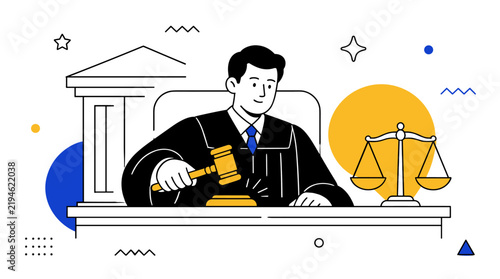 Professional magistrate presiding over a court session with gavel and scales.
