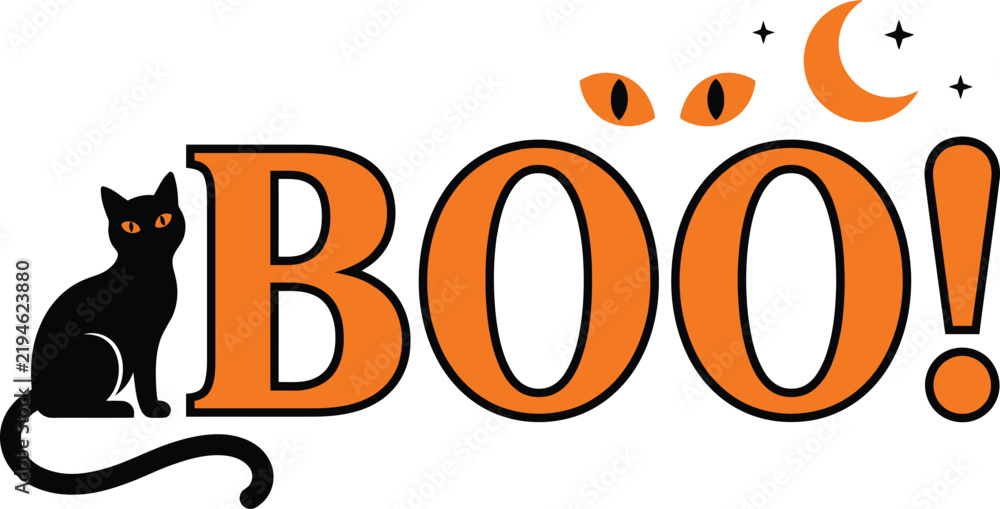 Fototapeta premium Festive halloween graphic featuring black cat and spooky boo text