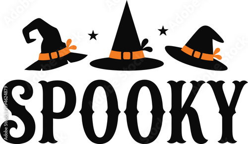 Three witch hats and spooky text for halloween celebrations and designs