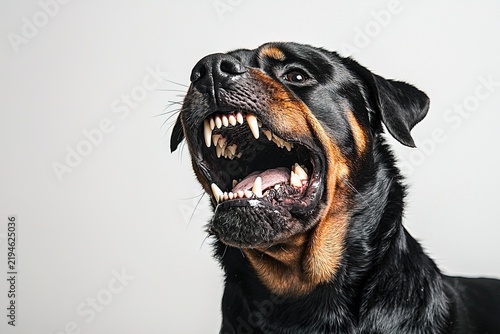 Furious guard rottweiler growling with wide open mouth looking up on white background. Ideal for private property warning sign design, cyber security mobile app banner or cynology school manual cover