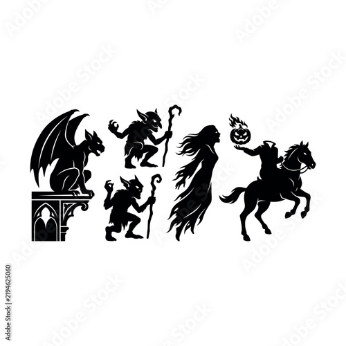 Bild auf Leinwand Gothic Halloween monster silhouettes vector set, spooky gargoyle goblin ghost an
