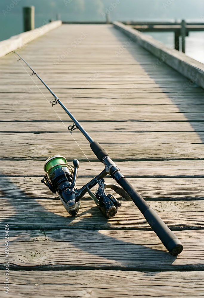 Fototapeta premium Leisure and recreation, fishing rod with spinning reel resting on a wooden pier at sunrise for outdoor hobby and travel lifestyle photography