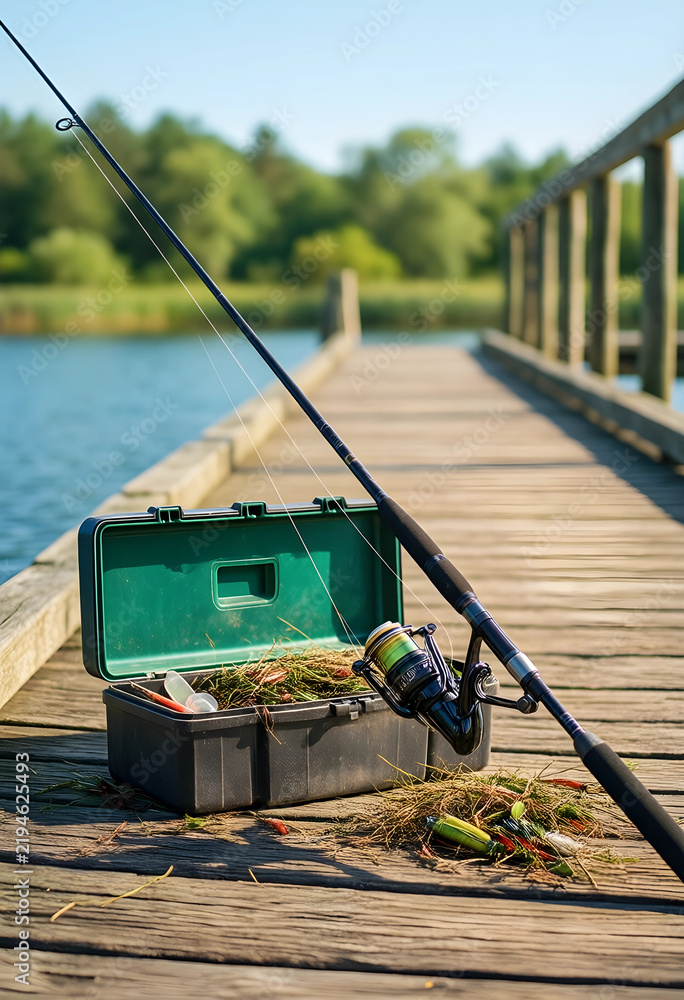 Fototapeta premium Fishing hobby and outdoor recreation, rod and tackle box on a wooden pier by the lake for leisure activity and summer vacation travel lifestyle