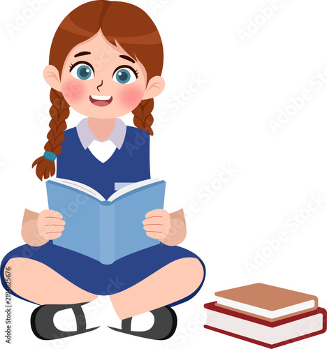 Schoolgirl Sitting and Reading Open Book